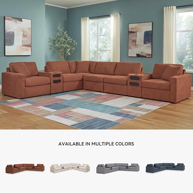 Signature Design by Ashley Modmax Contemporary Stain Resistant Right-Arm Facing 8-Piece Sectional with Audio Consoles, Armrest, Throw Pillows, Reversible Cushions and USB Port, Orange