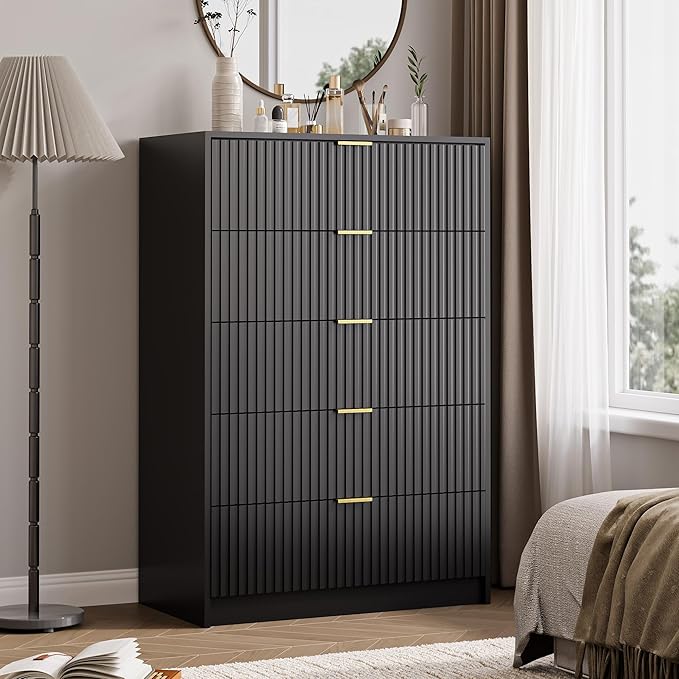 MAISONARIA 3-Piece Dresser Bedroom Set, 5 Drawer Dresser & 2 Drawer Nightstands with Gold Handles, Fluted Wood Chest of Drawers for Bedroom, Living Room, Entryway, Black