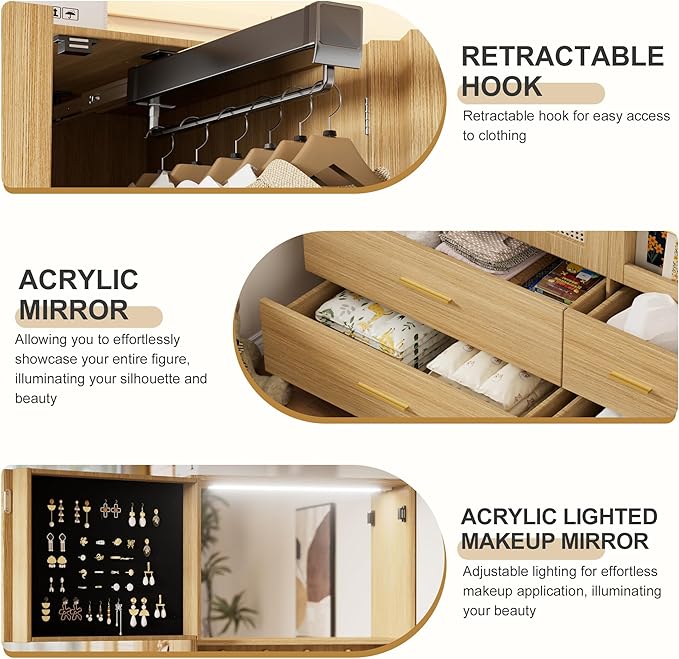 PAKASEPT 3 Doors Armoire Wardrobe Closet with Rattan,71'' Tall Freestanding Wooden Wardrobe Storage Cabinet for Bedroom with Hanging Rod,LED Vanity Mirror,Drawers,Clothes Hook,Open Shelves,Natural