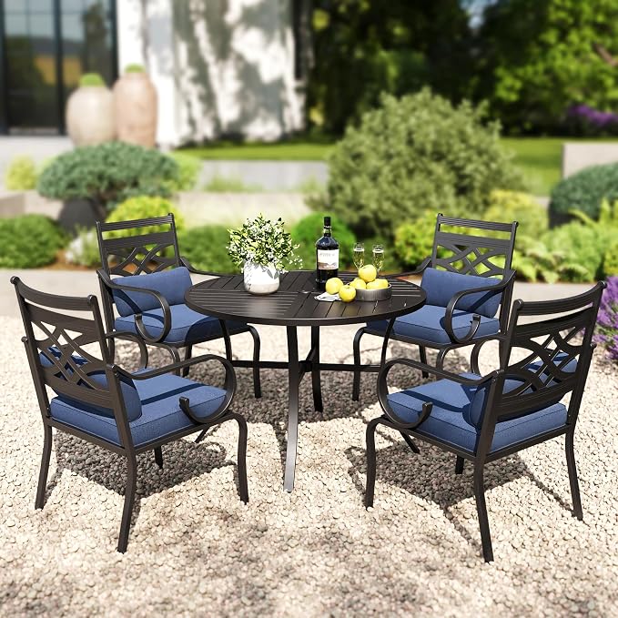 PHI VILLA 5 Pieces Outdoor Dining Set for 4, 42" Round Black Metal Table with Umbrella Hole & Wrought Iron Chairs, Large Outside Furniture with Blue Cushions & Pillows for Patio, Deck, Porch by PHIVILLA