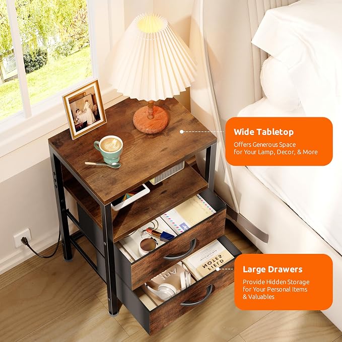 Lazzanto NightStand Bedside Charging Table Bedroom - Brown Night Stand with Charger Station, Modern Bed Side End Table with Open Shelf & 2 Fabric Drawers, USB-C Port for Dorm, Living Room - Image 5