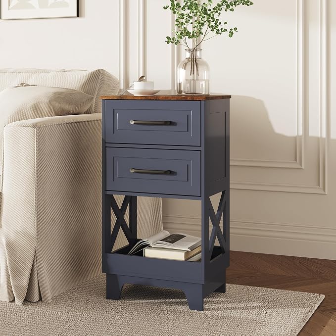Tall Nightstand Set of 2 Side Table Modern Night Stand with 2 Drawers Wooden Rustic End Table Bedside Table with Upper Open Shelf Solid Feet for Bedroom Navy Blue+Walnut - Image 2
