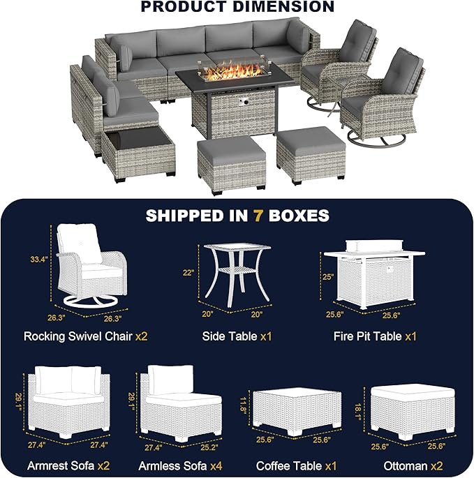 13-Piece Outdoor Patio Furniture Set with Rocking Swivel Chair, Wicker Rattan Sectional Sofa Conversation Set with 55,000 BTU Fire Pit Table with Ottomans, Backyard Furniture, Grey