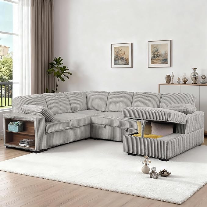 ERYE Oversized U-Shaped Pull Out Sleeper Couch Bed, Modern U Shaped Sleeper Sectional Sofa Corduroy Corner Convertible Sofa Bed with Storage Chaise Lounge and Cabinet
