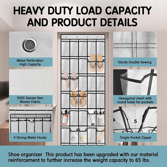 Kotkn 35 Compartment Over The Door Storage - Breathable Mesh Hanging Organizer with Large Pockets, Space Saving Design for Men & Women's Footwear, Closet, Bedroom ???White??? - Image 2
