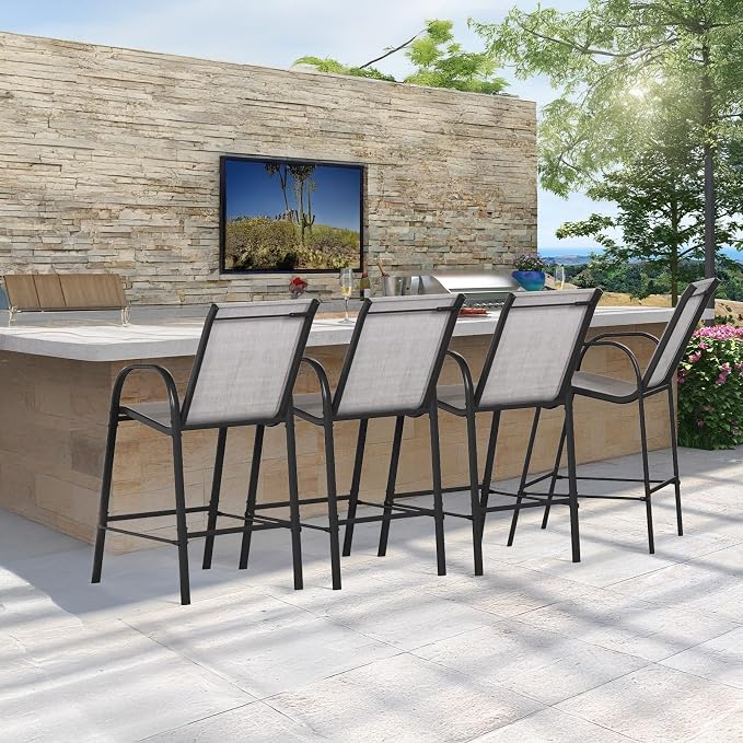 HOMREST Outdoor Bar Height Stools Set of 4,High Back Patio Chairs with Armrests,Textilene Chairs with Breathable Fabric & Metal Frame for All Weather,Light Grey - Image 2