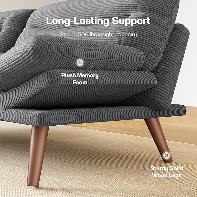 Marsail Futon Sofa Bed, 66” Futon Couch with Adjustable Backrest & Armrests, Convertible Small Sleeper Sofa Bed for Small Apartments, Study Room, Office, Corduroy Loveseat, Charcoal Gray