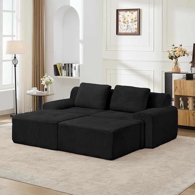 KIGOTY Modular Sectional Sofa, 4 PCS Comfy Cloud Sectional Couch with Deep Seat, Sleeper Sofa Bed with Ottoman, Modern Boneless Couch for Living Room, No Assembly Required,Black