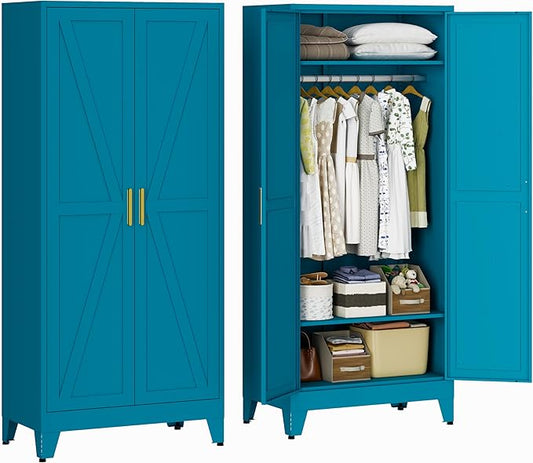 71" Metal Wardrobe Closet with Hanging Rod & Adjustable Shelves, 2 Doors Blue Armoire Wardrobe Closet for Bedroom, Laundry Room, Office, Metal Clothing Storage Wardrobe Cabinet