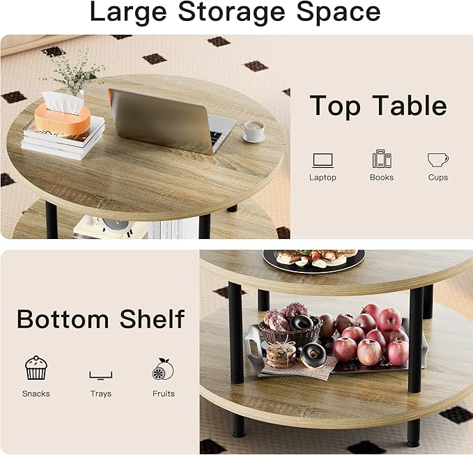 Coffee Table, 2 Tier Coffee Tables for Living Room, Round Coffee Table with Storage, Floor Table for Bedroom, Home Office, Nature Brown (23.6" D x 18.1" H)