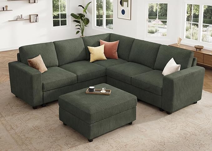 HONBAY Corduroy Sectional Sofa with Storage L-Shaped Sectional Couches for Living Room 6 Seater Sectional Sofa, Green