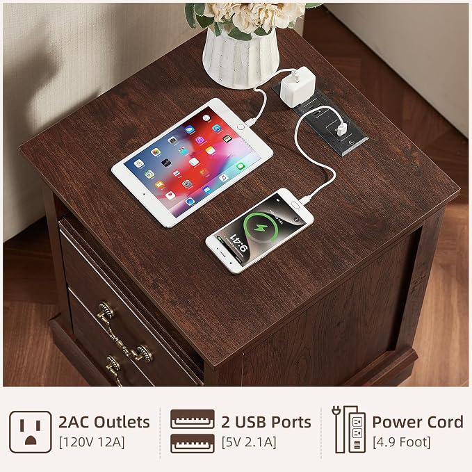 Farmhouse Nightstands Set of 2 with Charger Station, 2 Drawers Night Stand with Storage Shelf, Rustic Brown 18" Wide Wood Bedside Table, Bed Side End Tables for Bedroom, Living Room,Walnut - Image 4