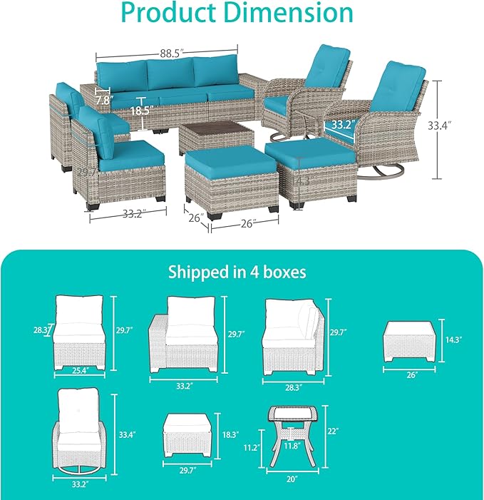Outdoor Patio Furniture Set with Rocking Swivel Chair Wicker Sectional Sofa Set, 11-Piece Patio Conversation Set with Ottomans and Coffee Table for Garden, Turquoise