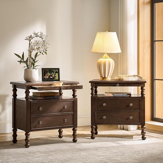 HULALA HOME 26" End Tables Set of 2 with Charging Station, Transitional 2 Drawer Wood Endtables with Pull-Out Shelf and Open Storage Space, Large Side Tables with Solid Wood Spindle Legs, Walnut by HULALAHOME