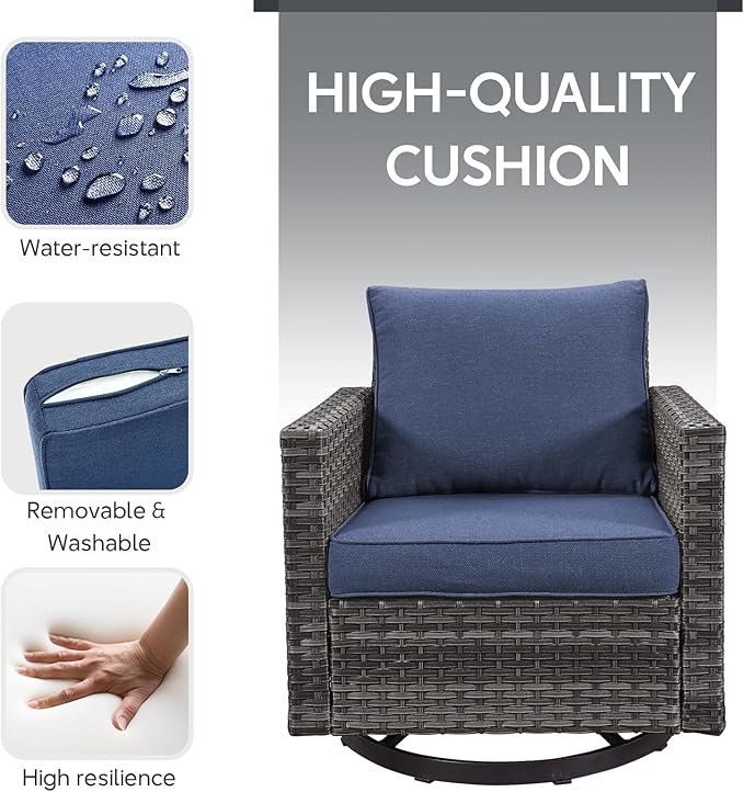 5 Piece Wicker Patio Furniture Set - Outdoor Swivel Rocker Chairs Set with 3 Seat Sofa and Ottomans, Small Patio Conversation Sets Proch Furniture for Balcony Deck - Grey/Blue
