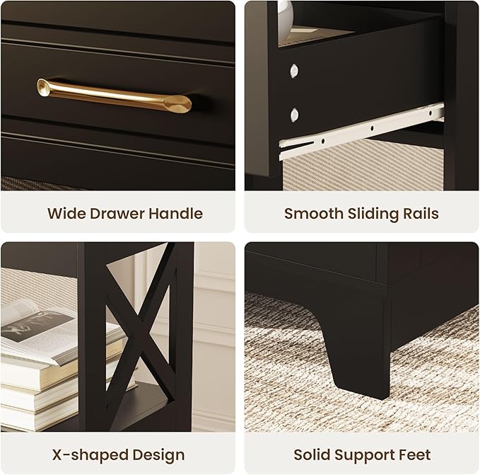 Tall Nightstand Set of 2 Side Table with 2 Drawers Modern Night Stand Wooden End Table Bedside Table with Below Open Shelf Solid Feet for Bedroom Black - Image 5