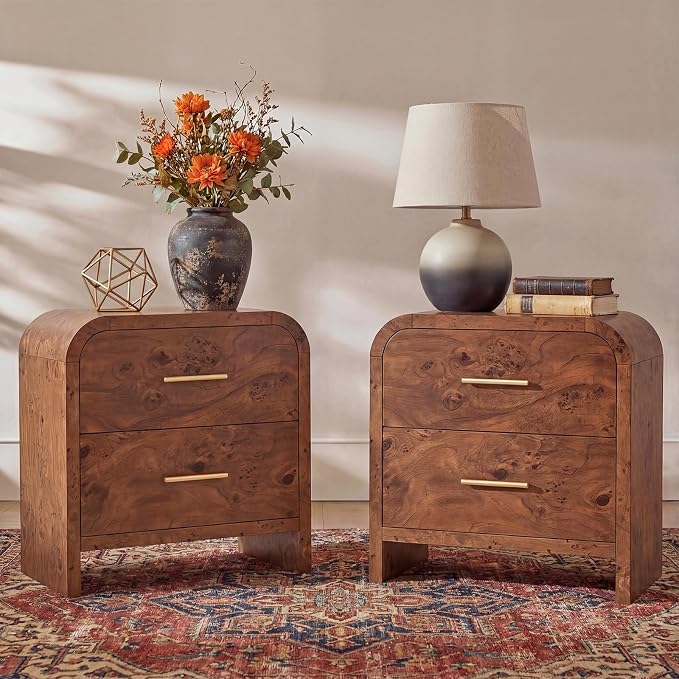 Night Stand Set of 2 [Unique Curved Profile] [FSC-Certified Wooden Board] 2-Drawer Nightstand 24" H Metal Handle Modern Sturdy Bedside Table Side Table End Table by TheBeautyofRusticRefined
