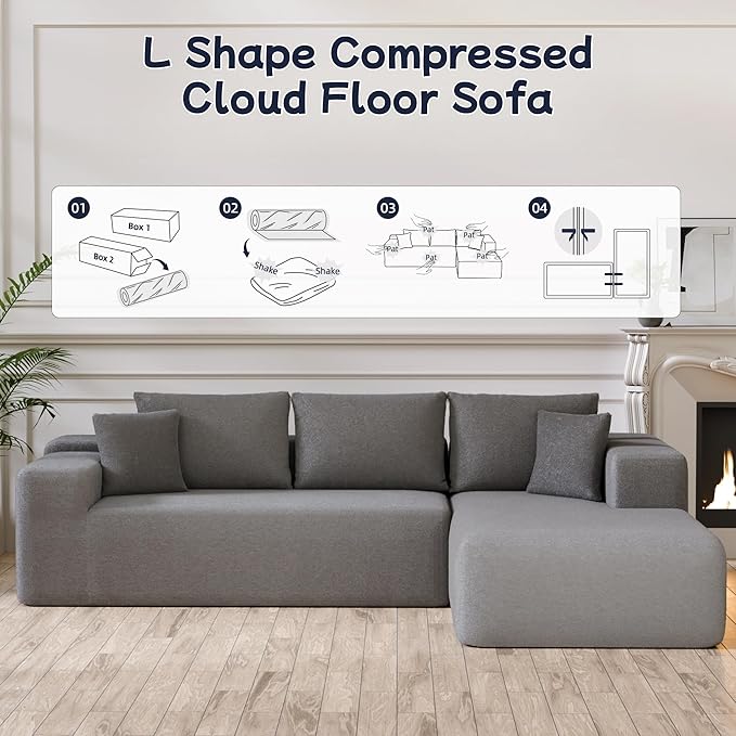 104” Sectional Cloud Couch, L-Shape Compressed Sofa with Left Chaise Lounge, Modular Cloud Couch with 2 Pillows & Deep Seat, Rain Drop Velvet Floor Sofa for Living Room, Light Gray