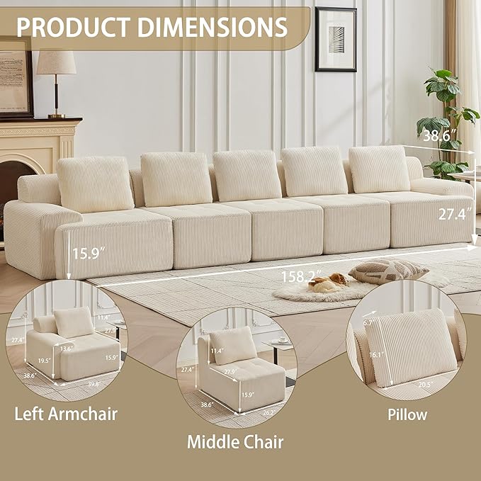 Modular Sectional Sofa with Movable Ottoman, 5 Seat Deep Seat Couch with 5 Pillows, Comfy Cloud Sectional Sofa for Living Room, Bedroom and Apartment (White, 1 Left+1 Right+3 Middle)