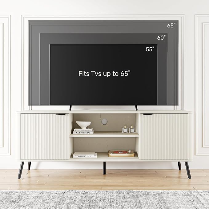 Fatmok TV Stand, 58" Modern Media TV Console Table with Storage for 55/60/65 inch TV, Mid Century Entertainment Center with Fluted Door Cabinets and Open Shelves TV Cabinet for Living Room, Bedroom - Image 4