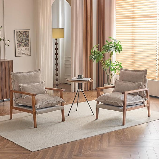 VINGLI Mid-Century Modern Cloud Accent Armchairs Set of 2 with Lumbar Pillow, 6.3'' Thick Seat Cushion Reading Chairs with Wooden Armrests, Boho Lounge Chair for Bedroom, Living Room, Chenille, Khaki