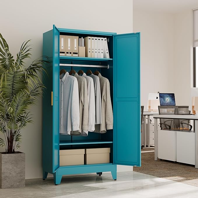 71" Tall Metal Armoire Wardrobe Closet, Clothing Storage Cabinet, Freestanding Wardrobe Cabinet with 2 Adjustable Shelves for Bedroom, Office, Garage