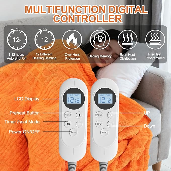 Eastsora Heated Blanket Electric King, 90"X100" Waffle Heating Blanket with 12 Heat Levels, Fast Heating Blanket with 1-12 Timer Settings, Overheat Protection with ETL & FCC for Home Office -Orange