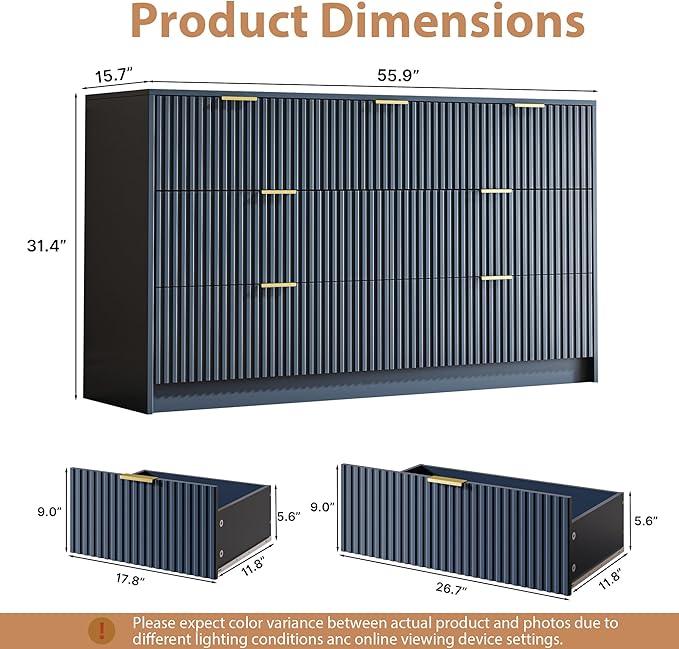 MAISONARIA 3-Piece Dresser Bedroom Set, 7 Drawer Dresser & 3 Drawer Nightstands with Gold Handles, Fluted Wood Chest of Drawers for Bedroom, Living Room, Entryway, Navy Blue