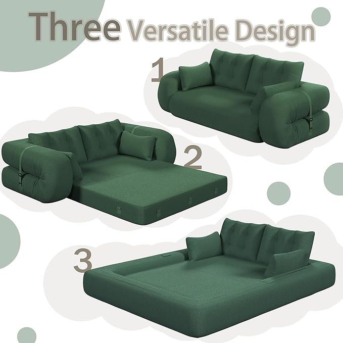 78.7" Convertible Sofa Bed, 3-in-1 Folding Floor Couch with 4 Pillows, Sleeper Sofa for Living Room and Guest Bed, No Assembly Required (Green, Teddy Fabric)