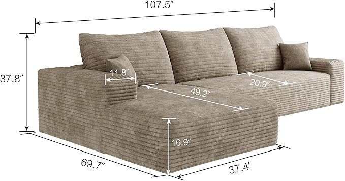 Eafurn Oversized L-Shaped Modular Sectional Sofa with Chaise, Fluffy Corduroy Upholstered Boneless Couch with Deep Seat, Minimalist Flexible Combination for Living Room | Breathable material, Full Foam, Anti-slip