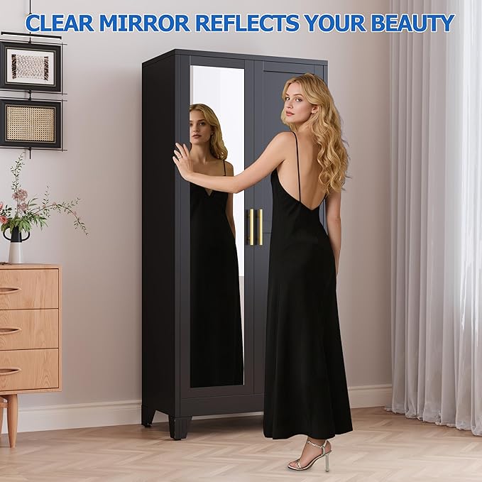 GAIOUS Metal Wardrobe Cabinet with Mirror and Hanging Rod, 71" Metal Clothing Storage Cabinets with 2 Doors and Adjustable Shelves, Black Armoire Wardrobe Closet for Bedroom, Laundry Room, Cloak Room