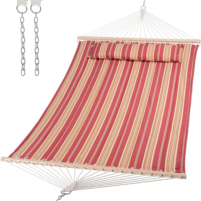 SUNCREAT Double Hammock Quilted Fabric Swing with Spreader Bar, Detachable Pillow, 55” x79” Large Hammock, Red Stripes by SUNCREAT