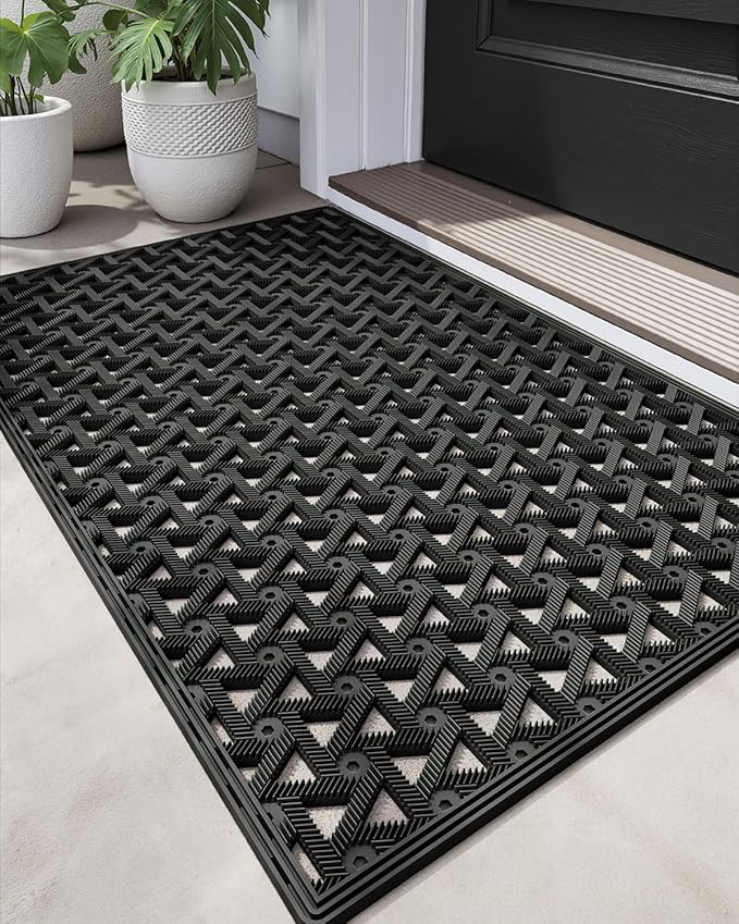 DEXI Front Door Mat Outside Entrance Rubber 24x36, Welcome Floor Doormat Heavy Duty Non Slip, Dirt Trapper Waterproof Exterior Entry Mats All Weather for Patio Entryway Drainage, Black by DEXI