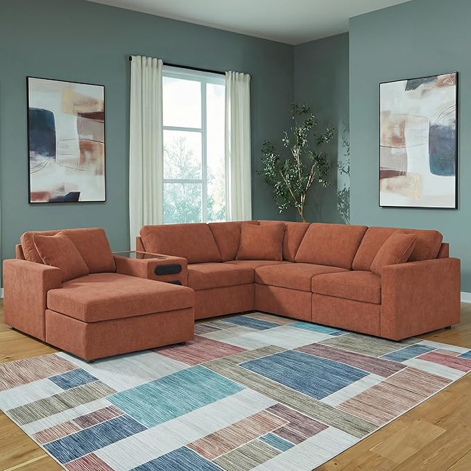 Signature Design by Ashley Modern Modmax Stain Resistant U-Shape Right-Arm Facing 6-Piece Sectional with Audio System and Chaise, Orange