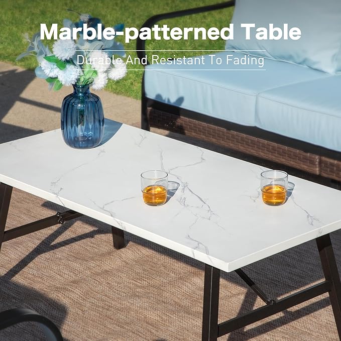 5 Piece Metal Outdoor Patio Furniture Set, Patio Conversation Sets 1 3-Seater Sofa, 2-Seater Sofa, 2 Fixed Sofa with 5.75" Thick Cushion & Coffee Table Black Backyard Furniture, Blue