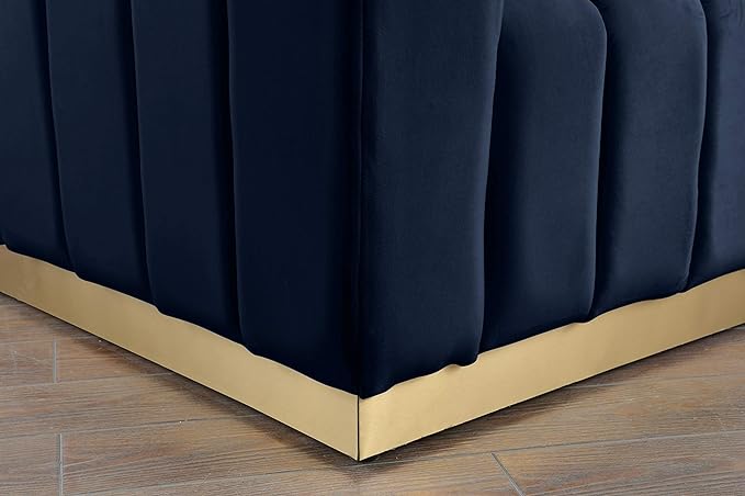 Meridian Furniture 603Navy-L Marlon Collection Modern | Contemporary Velvet Upholstered Loveseat with Deep Channel Tufting, Stainless Steel Base in a Brushed Gold Finish, Navy, 62.5" W x 34" D x 28" H