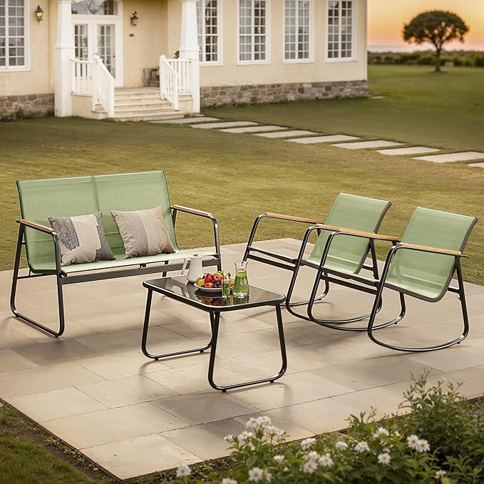 Ahomly 4-Piece Outdoor Patio Furniture Set, All Weather-Resistant Textile Fabric Outdoor Conversation Set with Coffee Table, Patio Rocking Chairs for Lawn, Balcony, Poolside (Green)
