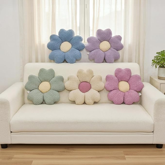 2 Pcs Pink Decorative Throw Pillows, 15'' Cute Daisy Flower Shaped Pillow Floor Seating Cushion for Bed Couch Bedroom Room Dorm Decor (Pink & Ivory)