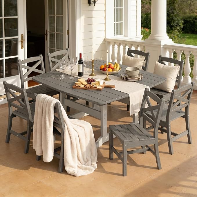 Patio Dining Table Set for 8, HDPE Outdoor Dining Set, All-Weather Outdoor Rectangular Tables and 8 Chairs, Durable Patio Furniture Set with Chairs,White Grey - Image 3