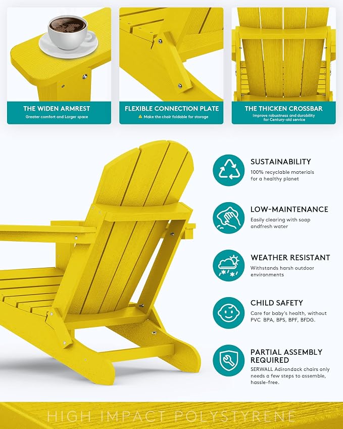 SERWALL Foldable Adirondack Chair Set of 4, Weather Resistant HIPS Patio Chairs with Cup Holder for Garden Outdoors-Lemon - Image 5