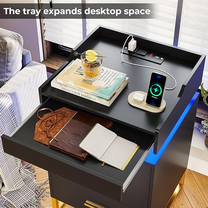 BTHFST LED Nightstand with Charging Station, Night Stand with 3 Drawers and 1 Pull-Out Tray, End Side Table with Storage, Bedside Table with LED Lights & Metal Legs, Black and Gold - Image 4