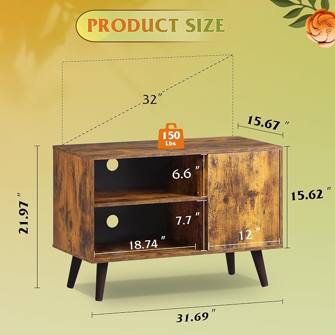 WLIVE TV Stand for 40 Inch TVs, Small Entertainment Center with Storage Cabinet, Mid-Century Modern TV Stands for Living Room and Bedroom, 32" TV Console, Brown - Image 3