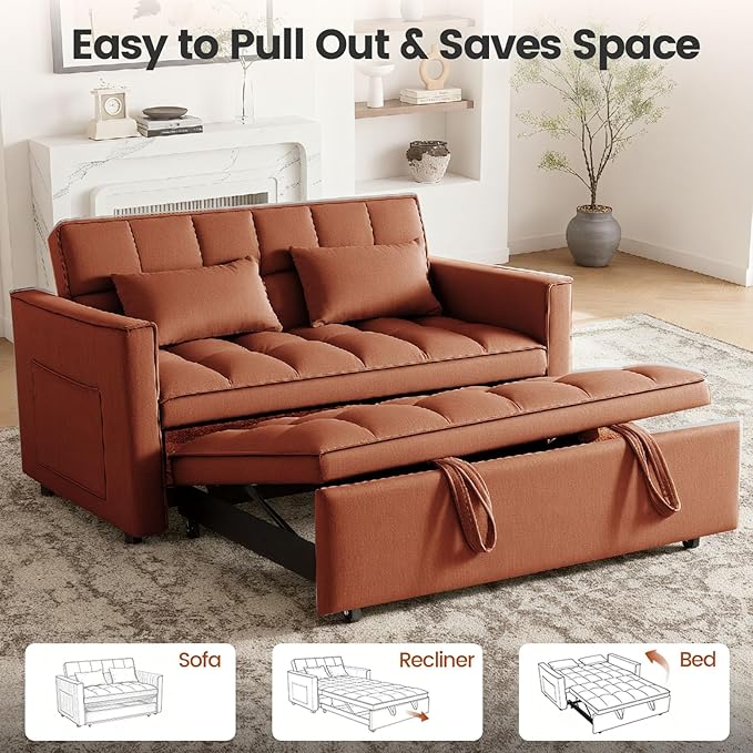3 in 1 Convertible Sofa Bed, Velvet Fabric Loveseat Sleeper Couch, Modern Pull Out Couch with Side Pockets, Sleeper Sofa Bed with Adjustable Backrest for Living Room, Camel