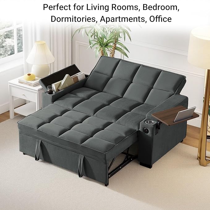65'' 3-in-1 Sleeper Sofa Bed with Pull-Out Couch & Side Table, Convertible Loveseat with Adjustable Backrest, Velvet Chaise Lounge with USB & Type-C Ports, Dark Grey