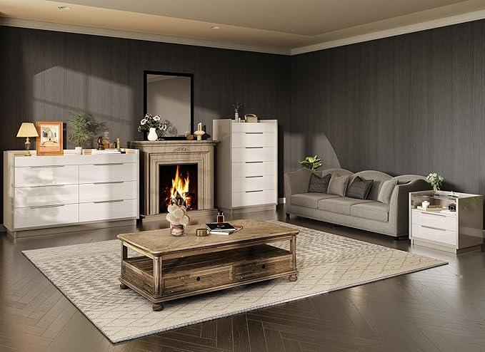 AMERLIFE High Gloss Dresser Set, 3 Piece Bedroom Furniture Set, 8 Drawer Dresser with LED Light & 2 Nightstands with Charging Station, Modern UV Finish, Bedroom Storage Organizer, Cream & Grey