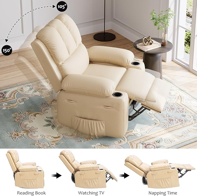 GarveeHome Leather Recliner Chair, Manual Recliner w/Comfortable Arms and Cup Holders for Living Room CF8011 - Large 21.2 in Seat Width, Beige