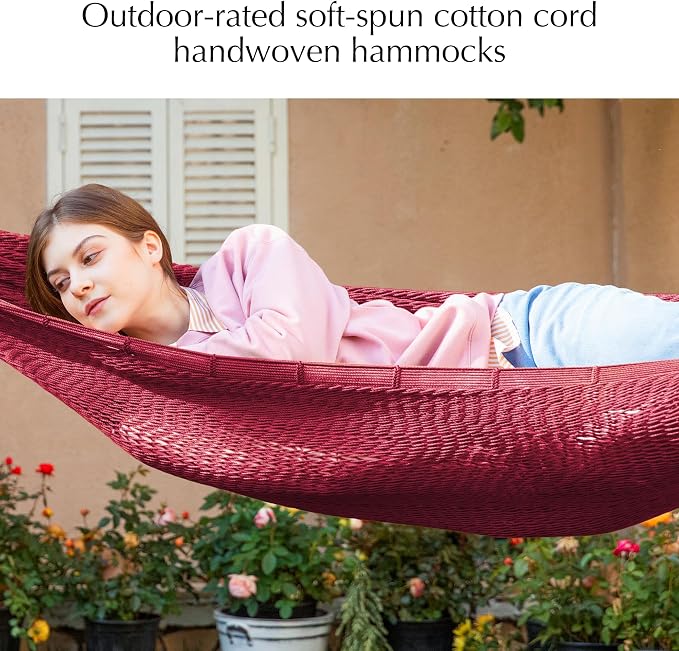 PNAEUT Handwoven Mayan Hammock, Thick Soft Rope Double Hammock for Outdoor Outside & Indoor, 600 lbs Capacity Heavy-Duty, Includes Tree Straps, Carabiners & Carrying Bag (Burgundy Fiesta Red, X-Large) - Image 4