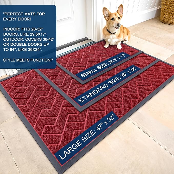 OLANLY Front Door Mat Indoor Outdoor Entrance, Waterproof All-Season, All-Weather Doormat, Sturdy Natural Rubber, Low Profile, Easy Clean Patio Porch Entryway Mat, Herringbone Brick (Wine Red, 59x35) - Image 2
