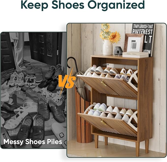 Shoe Storage Cabinet with 2 Flip Drawers, 23.6"(W) Freestanding Shoe Organizer with Metal Handles for Entryway, Narrow Shoe Rack Cabinet - Image 6