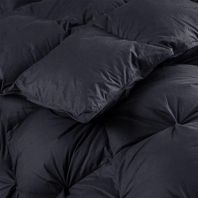 Luxurious All-Season Goose Down Feather Fiber Comforter King Size Duvet Insert, Exquisite Black Pinch Pleat Design, Premium Baffle Box, 100% Egyptian Cotton Cover, 70 oz. Fill Weight, Black